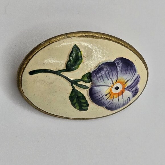 VTG Brooch Art Nouveau Oval Ceramic Hand Painted Floral Pin Jewelry Fairy Boho - Picture 3 of 10